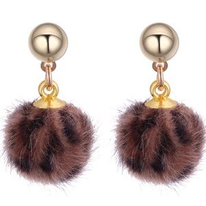 Chocolate Leopard Pom Pom Earrings Faux Fur NWT
